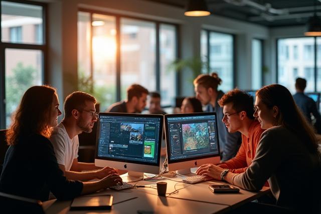 A diverse team of game developers collaborating on a digital project, symbolizing craftsmanship.