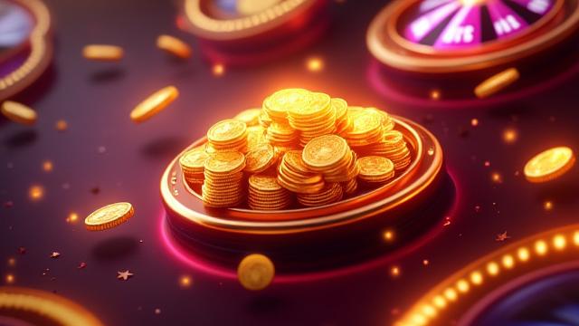 Screenshot of a vibrant social casino game interface with gold coins and spinning reels.
