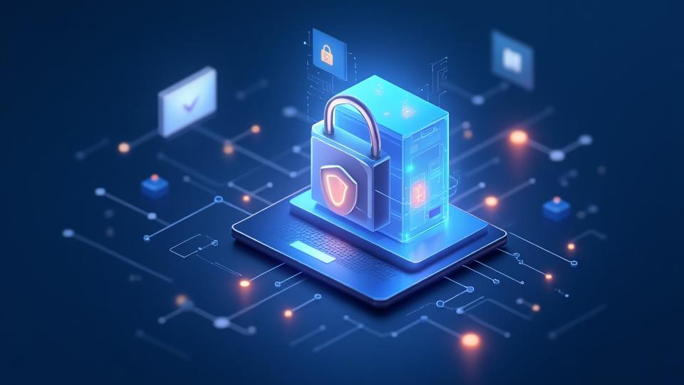Abstract representation of secure data storage with digital lock and shield icons, symbolizing data protection at WinSpinGala.