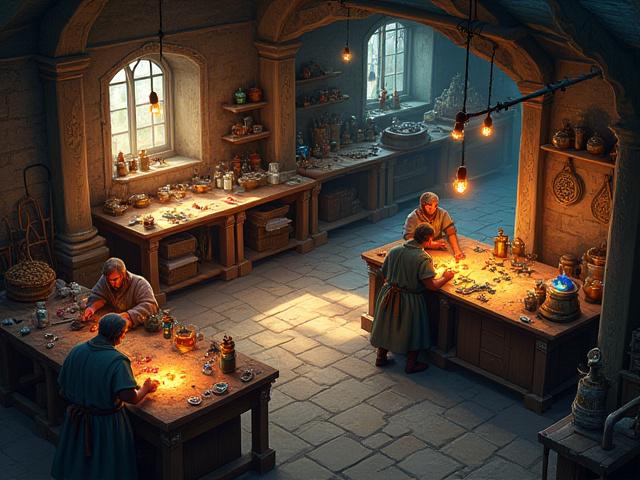 Fantasy digital artwork of a bustling artisan guild workshop with players crafting items together.