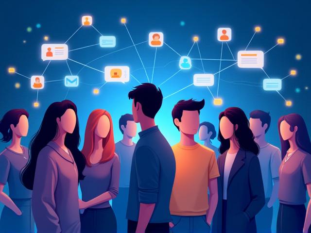 Diverse group of people connected digitally, surrounded by glowing network lines, symbolizing online community and engagement.