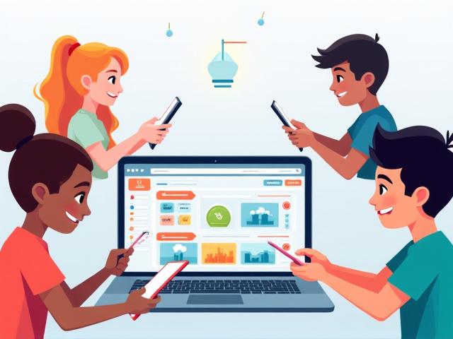 Illustration of students interacting with a digital learning platform featuring game elements like progress bars, badges, and avatars.